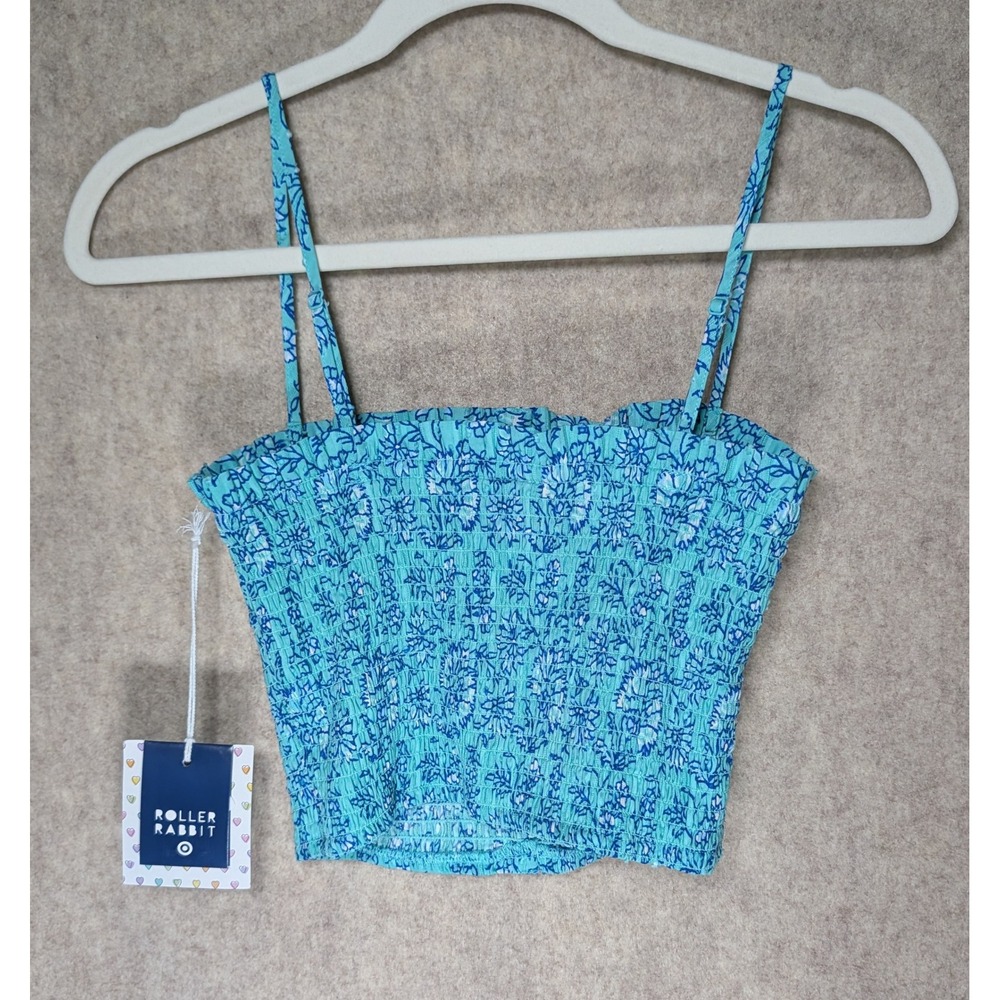 Roller Rabbit Target Smocked Crop Top XS Turquoise Floral Paisley Camisole NWT